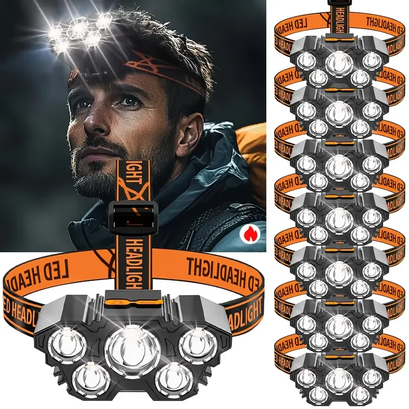 Outdoor Hunting And Fishing - ไฟหน้าแบบพกพา 5LED สำหรับใช้งานกลางแจ้ง พร้อมแบตเตอรี่ในตัว ชาร์จซ้ำได้ ใช้เป็นไฟทำงาน